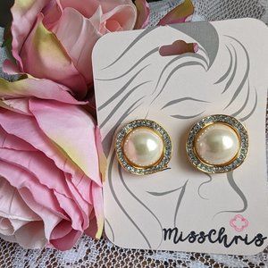 Vintage Alfred Sung Faux Pearl and Rhinestone pierced earrings